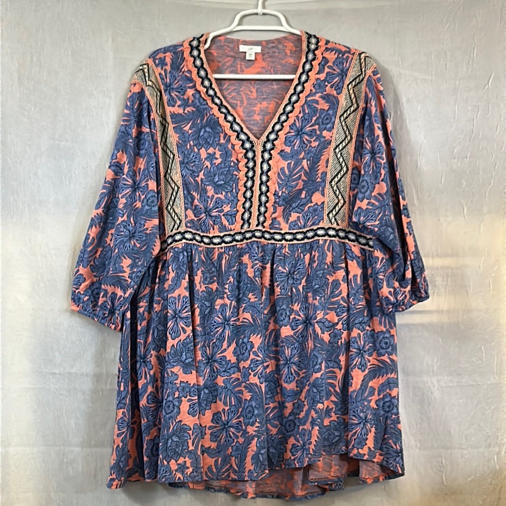 JJILL blue coral floral metallic thread tunic 2X